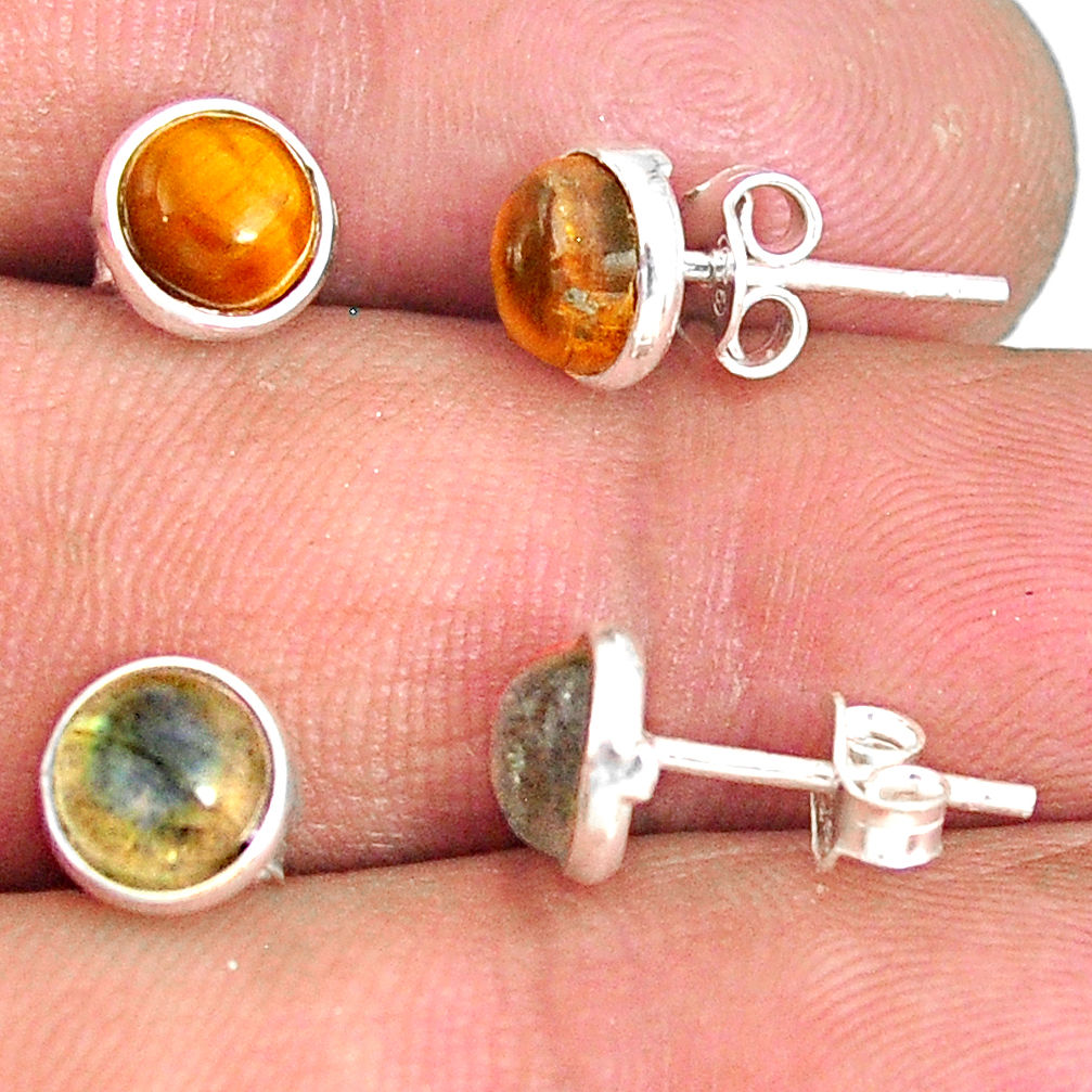 5.59cts natural brown tiger's eye moonstone 925 silver stud earrings r81580