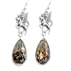 Clearance Sale- Natural brown turritella fossil snail agate 925 silver unicorn earrings p72577
