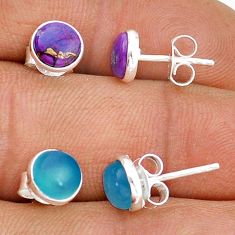4.61cts natural chalcedony copper turquoise silver 2 pair stud earrings u96145
