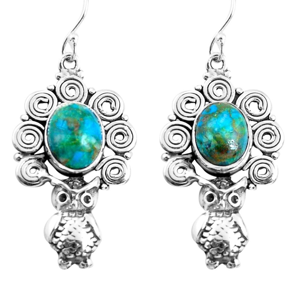 7.99cts natural chrysocolla 925 sterling silver owl earrings jewelry p52011