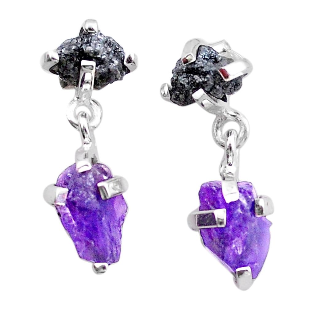 9.96cts natural diamond rough amethyst raw 925 silver dangle earrings t25720