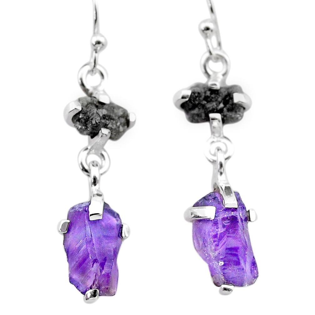 8.69cts natural diamond rough amethyst raw 925 silver dangle earrings t26767