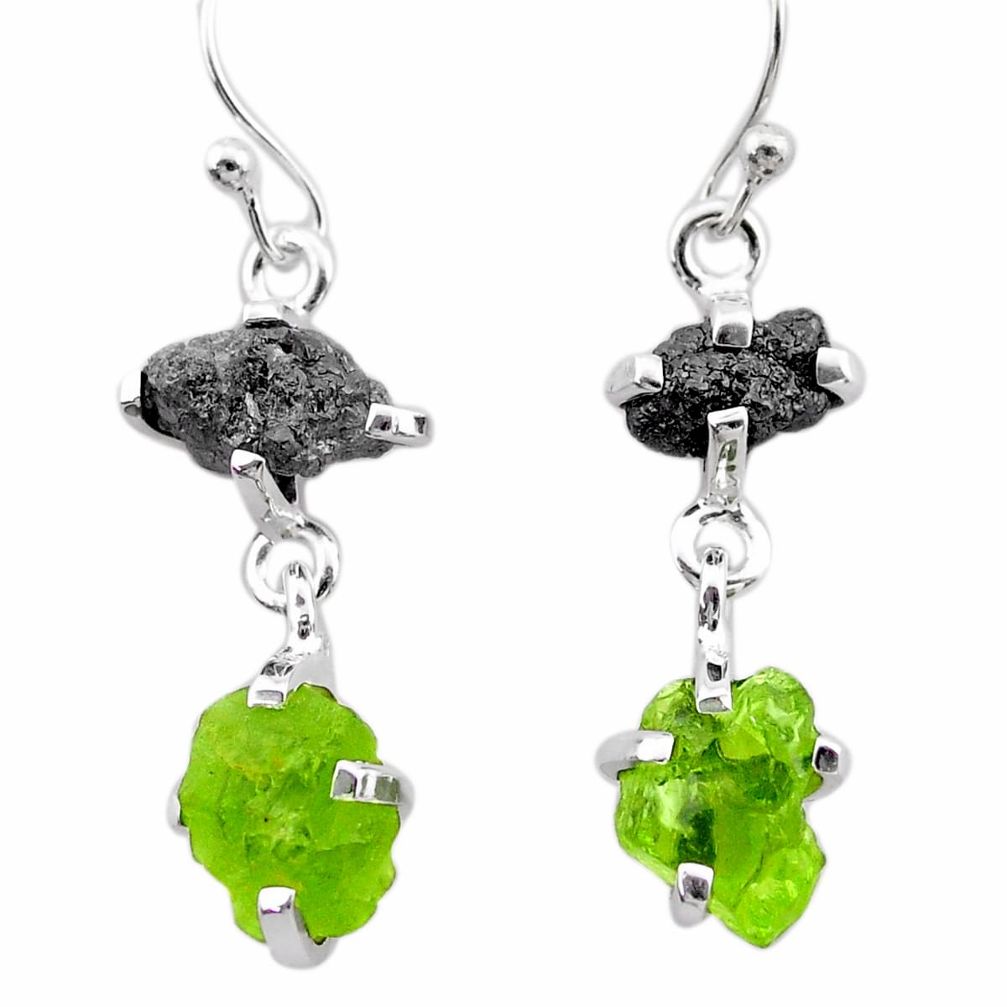 9.41cts natural diamond rough peridot raw 925 silver dangle earrings t25787