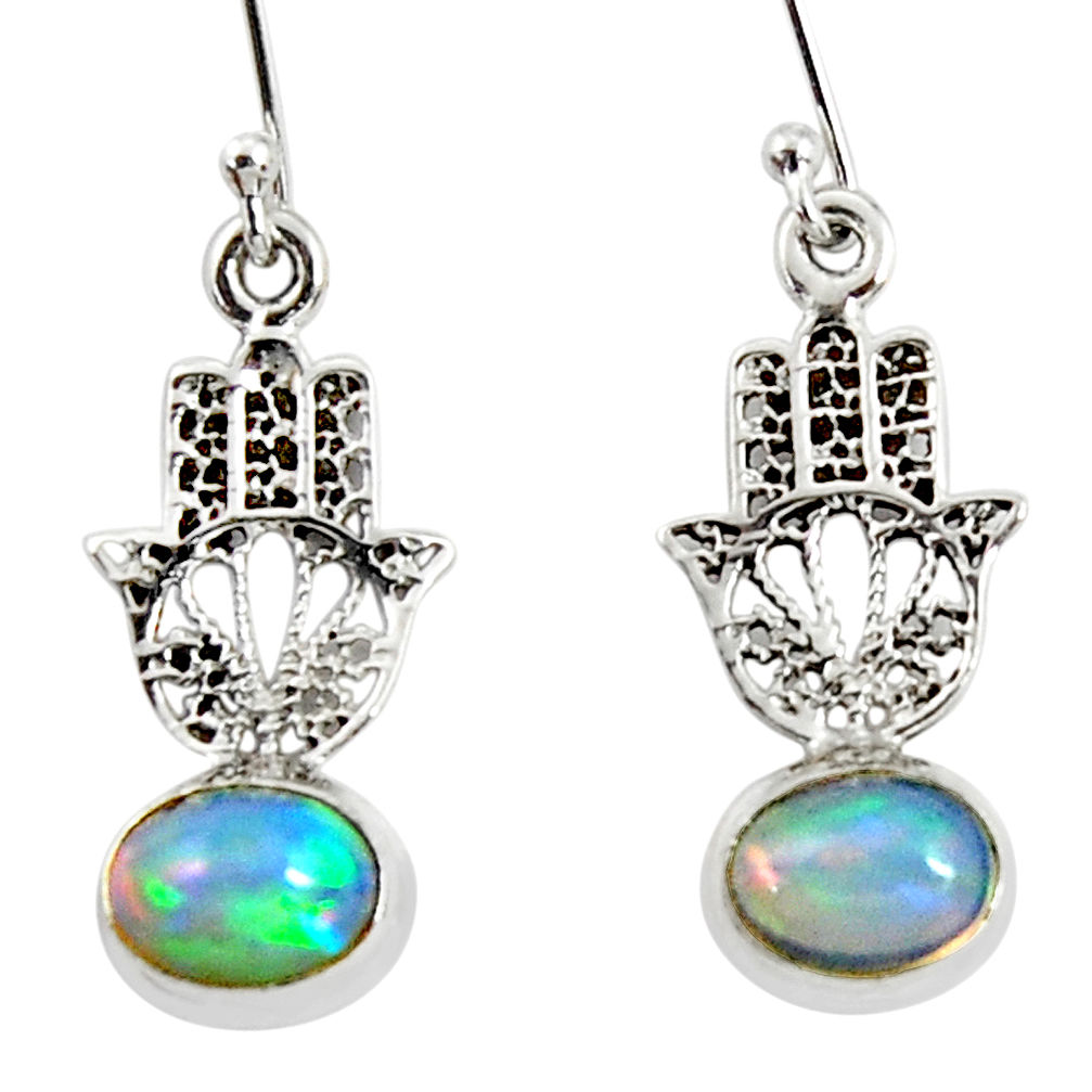 3.83cts natural ethiopian opal 925 silver hand of god hamsa earrings r51026