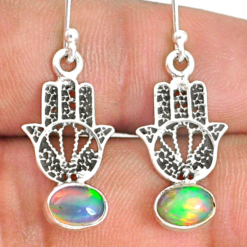 2.96cts natural ethiopian opal 925 silver hand of god hamsa earrings r76258