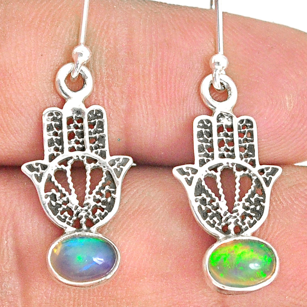 2.82cts natural ethiopian opal 925 silver hand of god hamsa earrings r76266