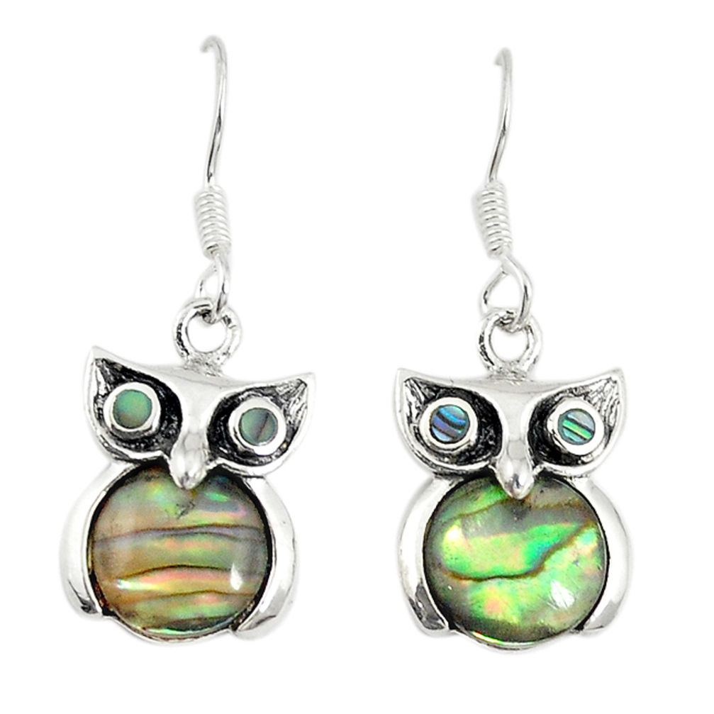 Natural green abalone paua seashell 925 silver owl earrings a74744 c14314