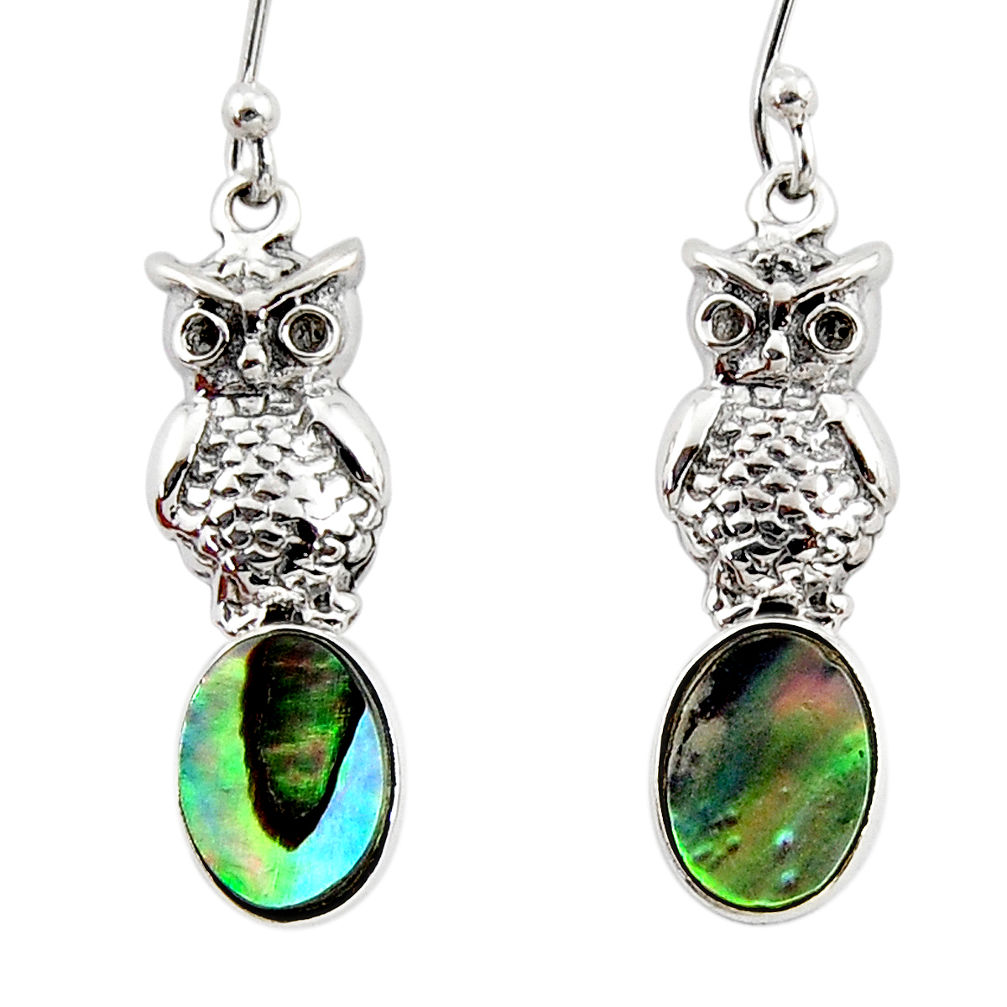 3.83cts natural green abalone paua seashell 925 silver owl earrings r48226