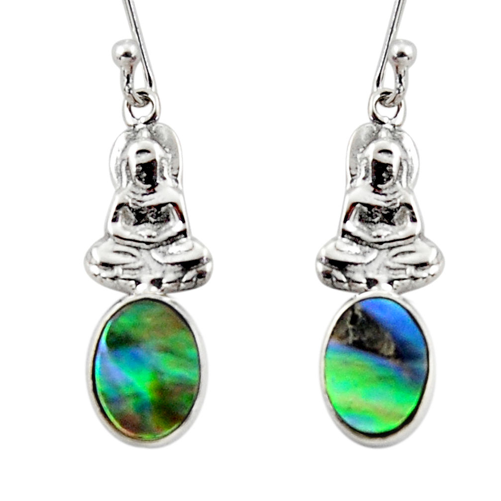 2.96cts natural green abalone paua seashell silver buddha charm earrings r48213