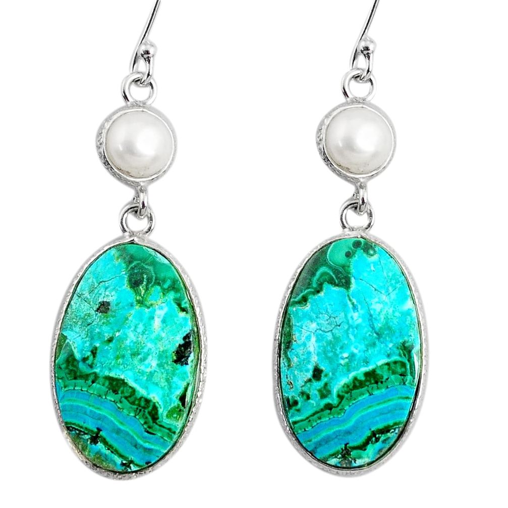 17.96cts natural green azurite malachite pearl 925 silver dangle earrings r75661