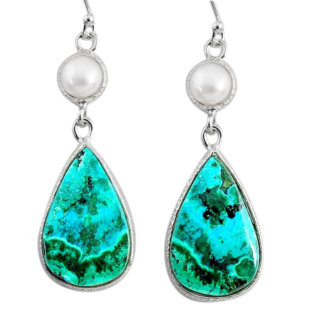 17.17cts natural green azurite malachite pearl 925 silver dangle earrings r75662