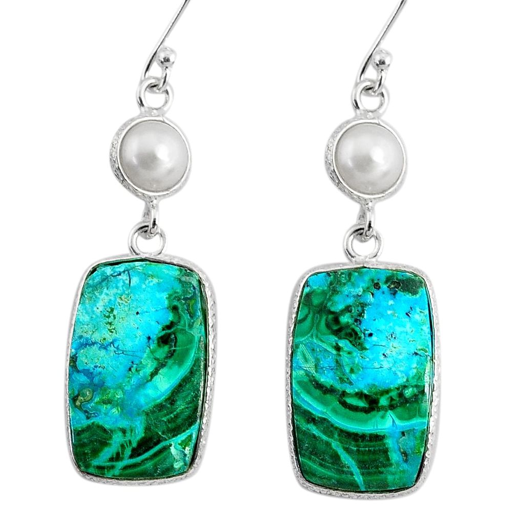 18.42cts natural green azurite malachite pearl 925 silver dangle earrings r75663