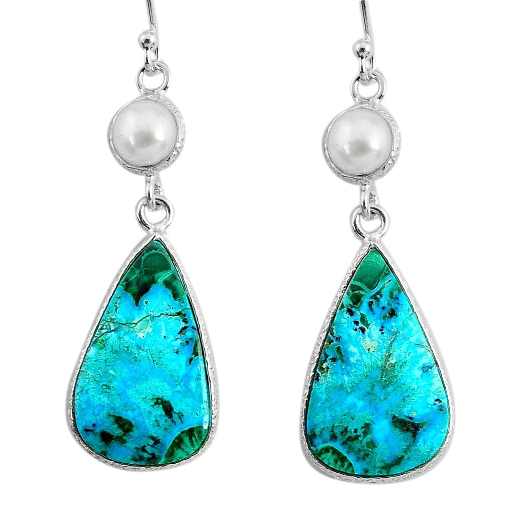 14.12cts natural green azurite malachite pearl 925 silver dangle earrings r75665