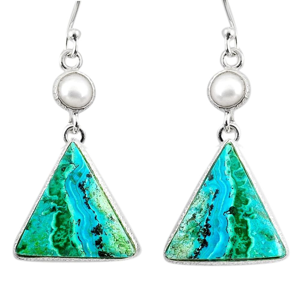16.04cts natural green azurite malachite pearl 925 silver dangle earrings r75667