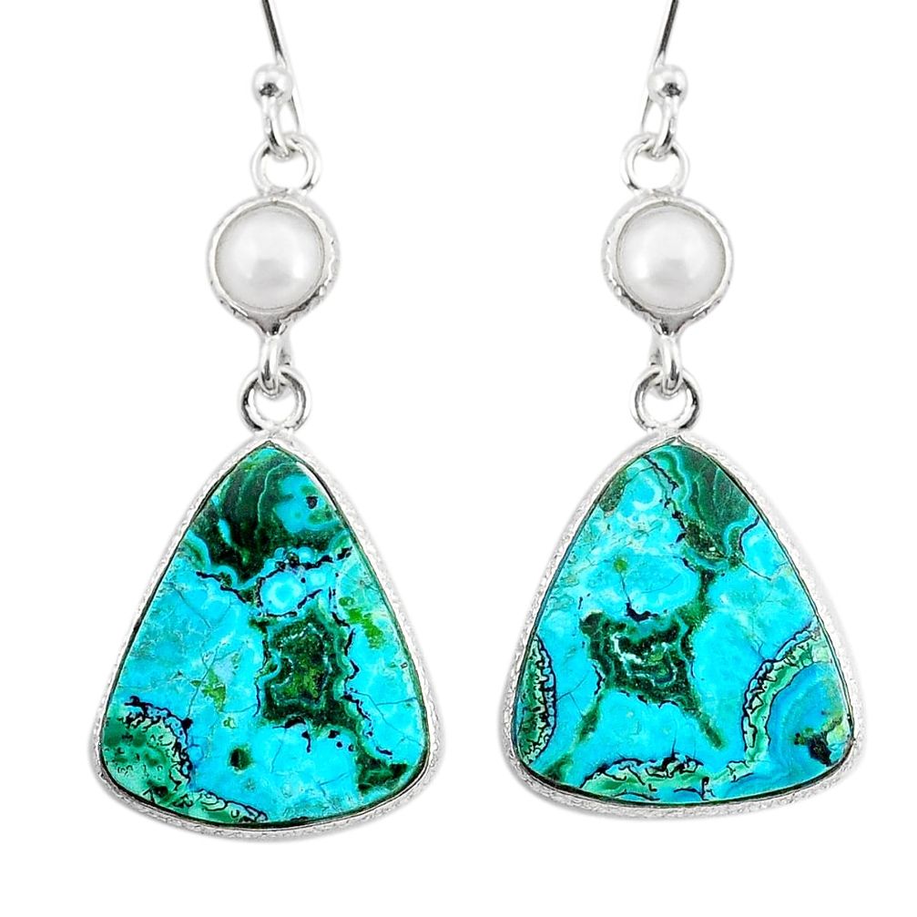 15.31cts natural green azurite malachite pearl 925 silver dangle earrings r75671