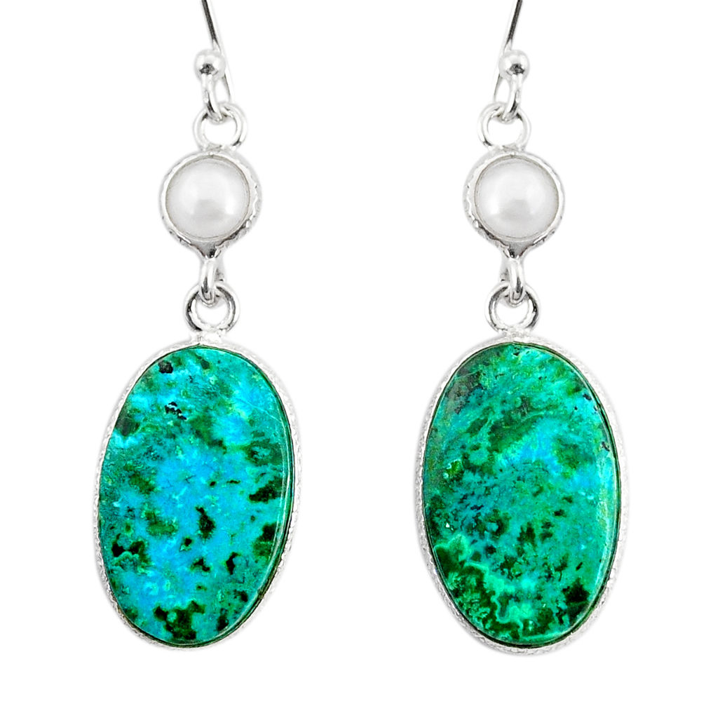 19.73cts natural green azurite malachite pearl 925 silver dangle earrings r75685