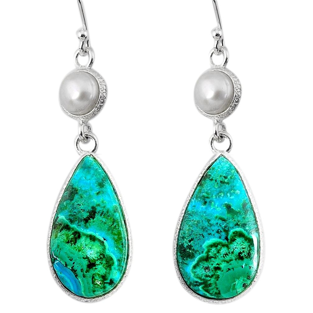 17.35cts natural green azurite malachite pearl 925 silver dangle earrings r75689