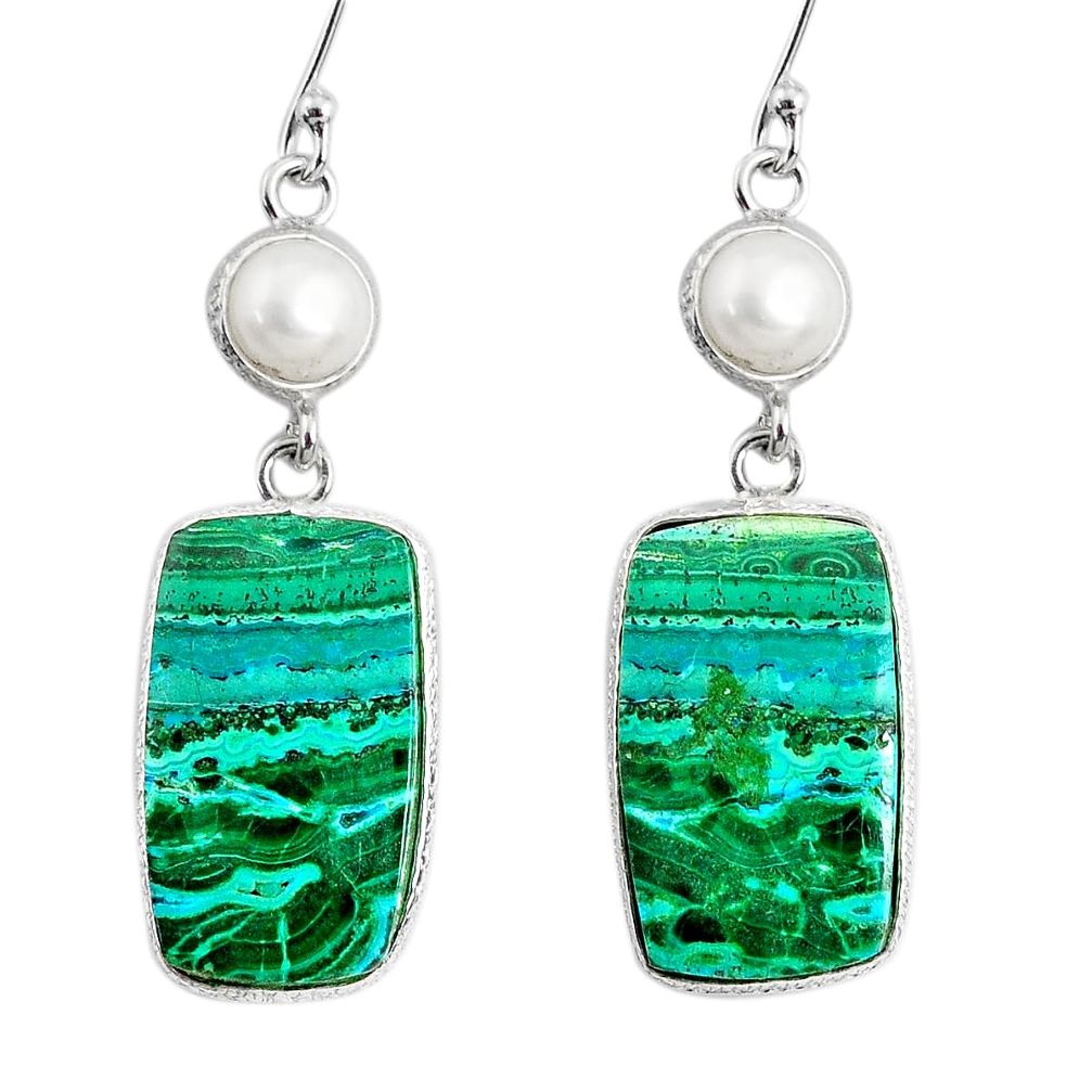 22.81cts natural green azurite malachite pearl 925 silver dangle earrings r75690