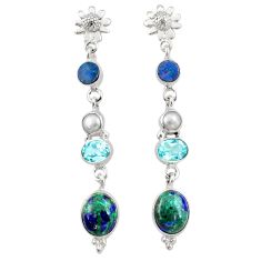13.22cts natural green azurite malachite topaz pearl silver earrings t95035