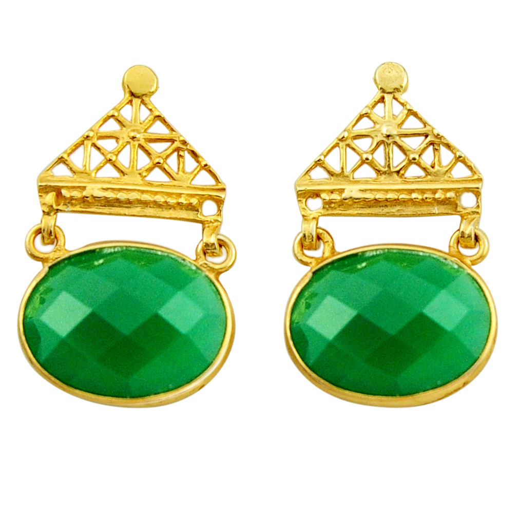 19.30cts natural green chalcedony 925 silver 14k gold dangle earrings r32934