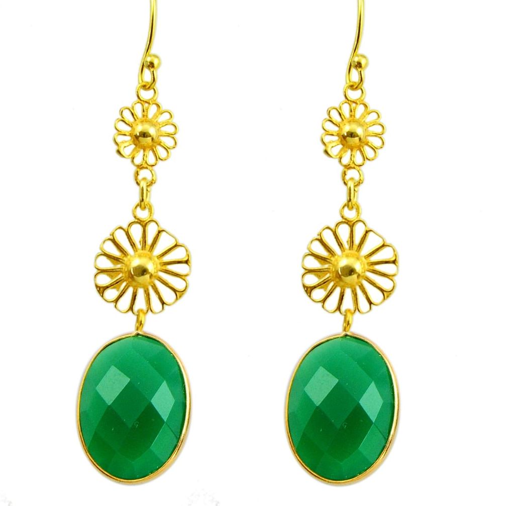 14.65cts natural green chalcedony 925 silver 14k gold dangle earrings r44941