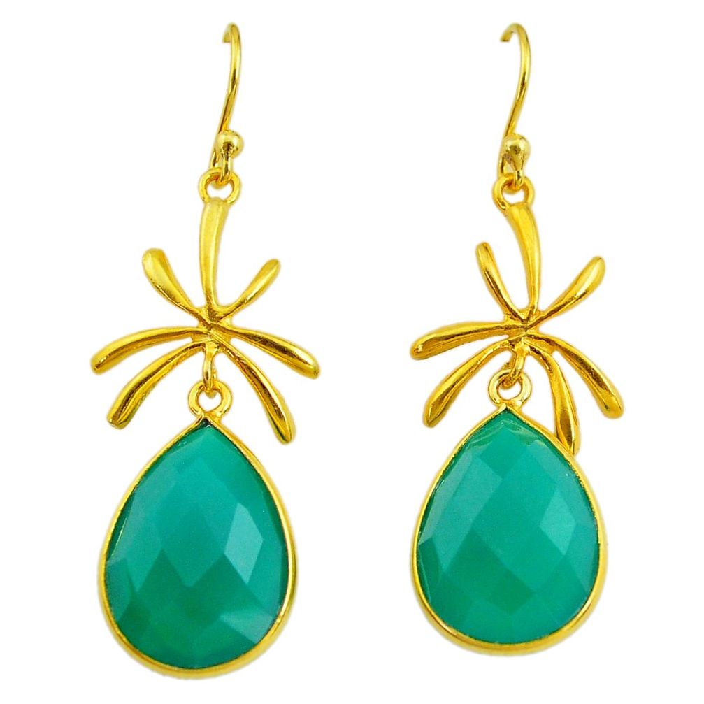 16.68cts natural green chalcedony 14k gold handmade dangle earrings t11469