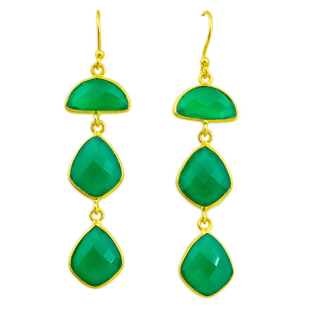 17.96cts natural green chalcedony 14k gold handmade dangle earrings t11547