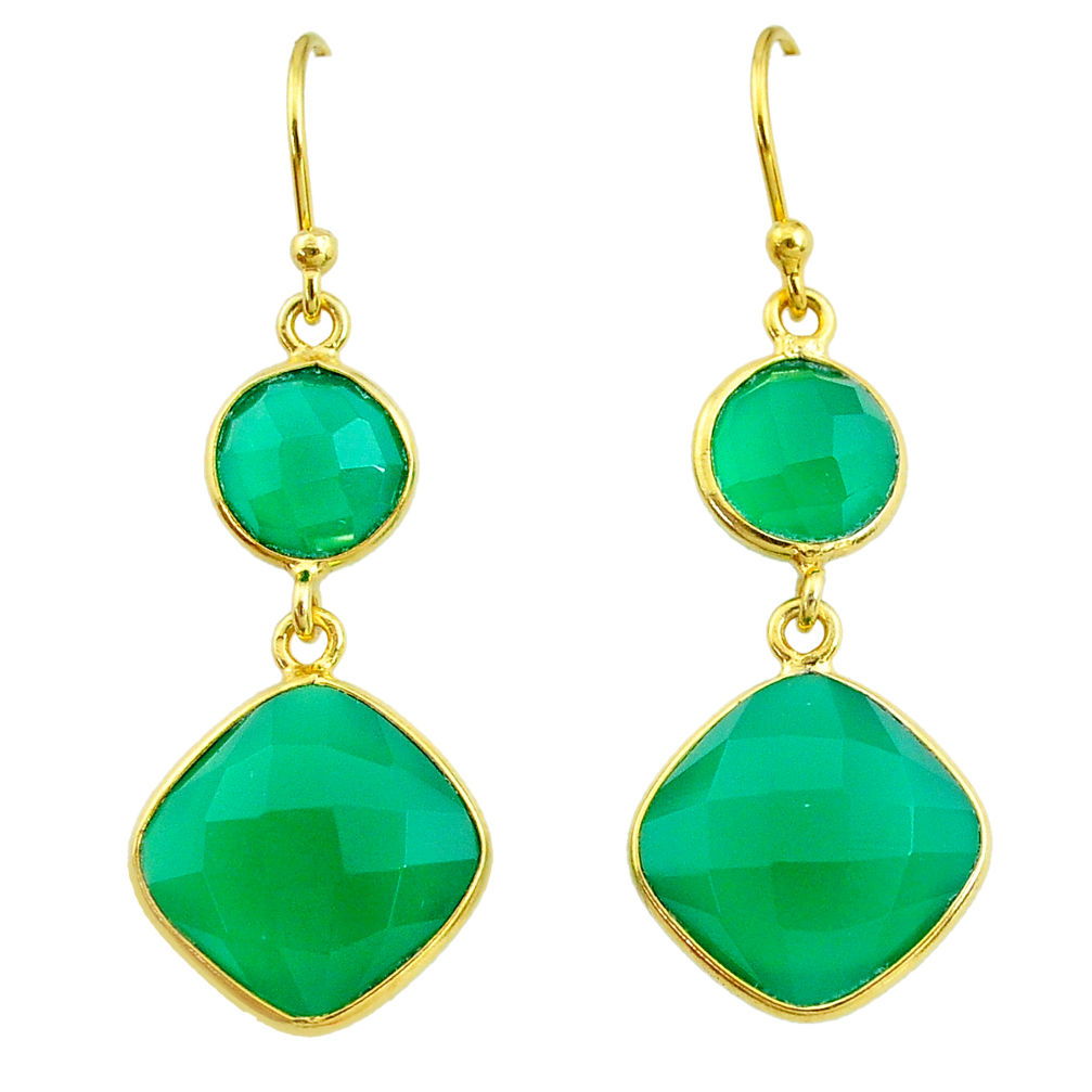 16.07cts natural green chalcedony 14k gold handmade dangle earrings t11606
