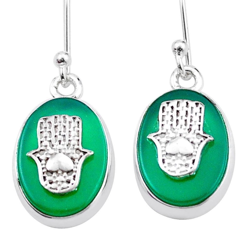 11.66cts natural green chalcedony 925 silver hand of god hamsa coin enamel earrings u34717