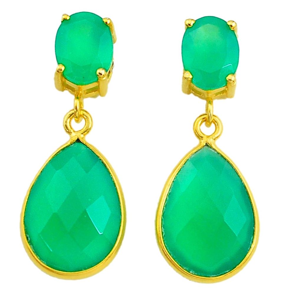 12.38cts natural green chalcedony handmade 14k gold dangle earrings t16362