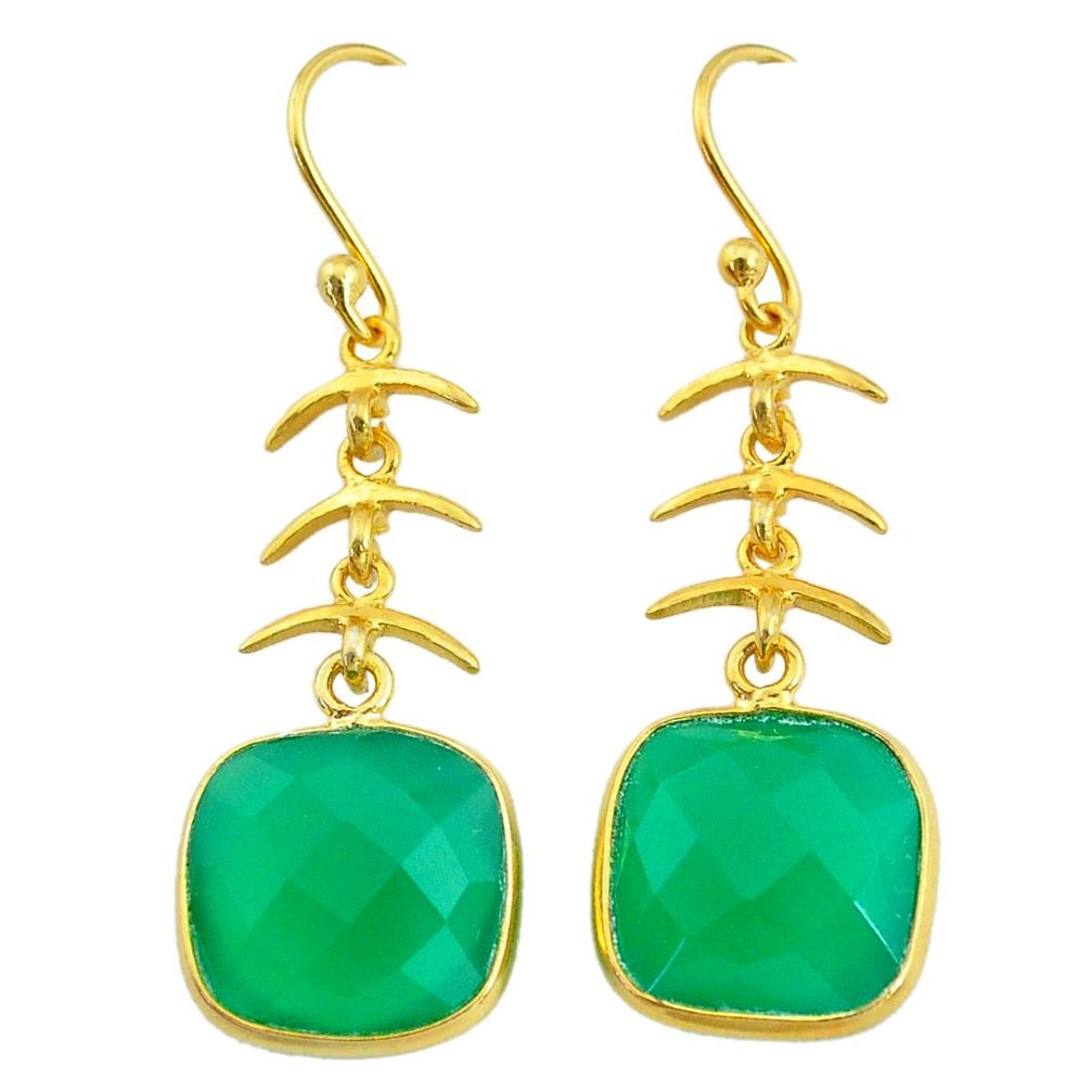 12.52cts natural green chalcedony handmade 14k gold dangle earrings t16422