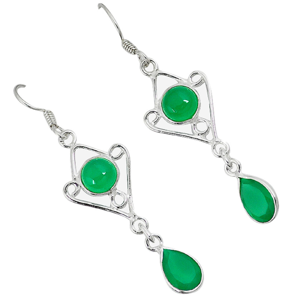 Natural green chalcedony 925 sterling silver dangle earrings jewelry c23004