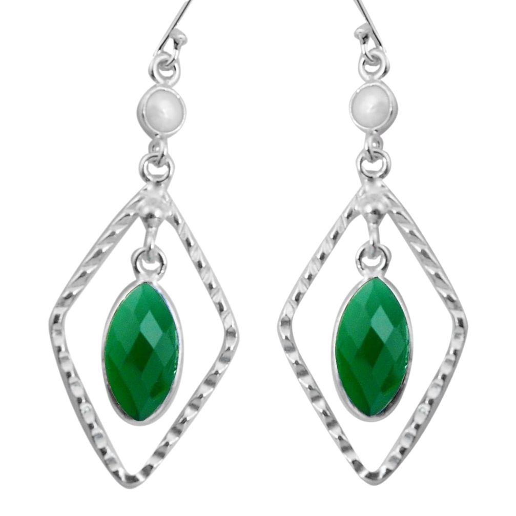 11.20cts natural green chalcedony pearl 925 silver dangle earrings p89993