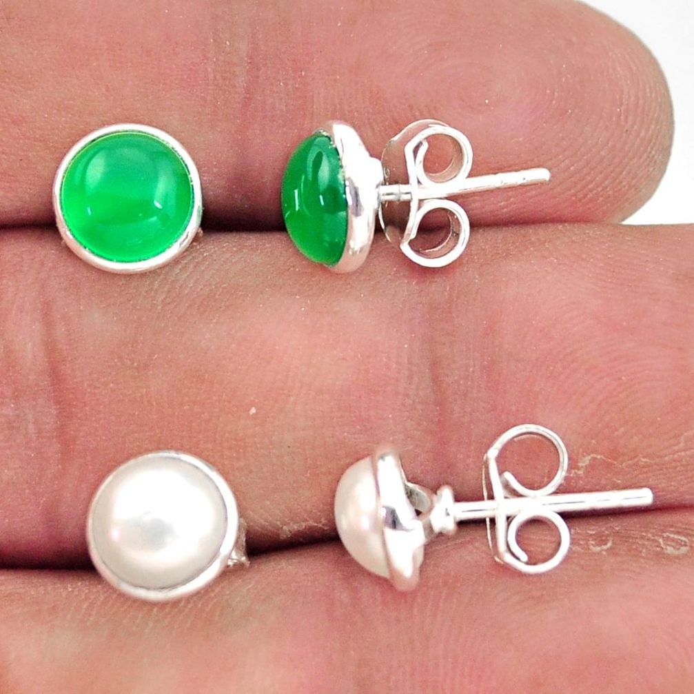 5.90cts natural green chalcedony pearl 925 sterling silver stud earrings r41242