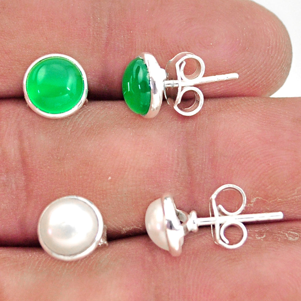 5.79cts natural green chalcedony pearl 925 sterling silver stud earrings r41247