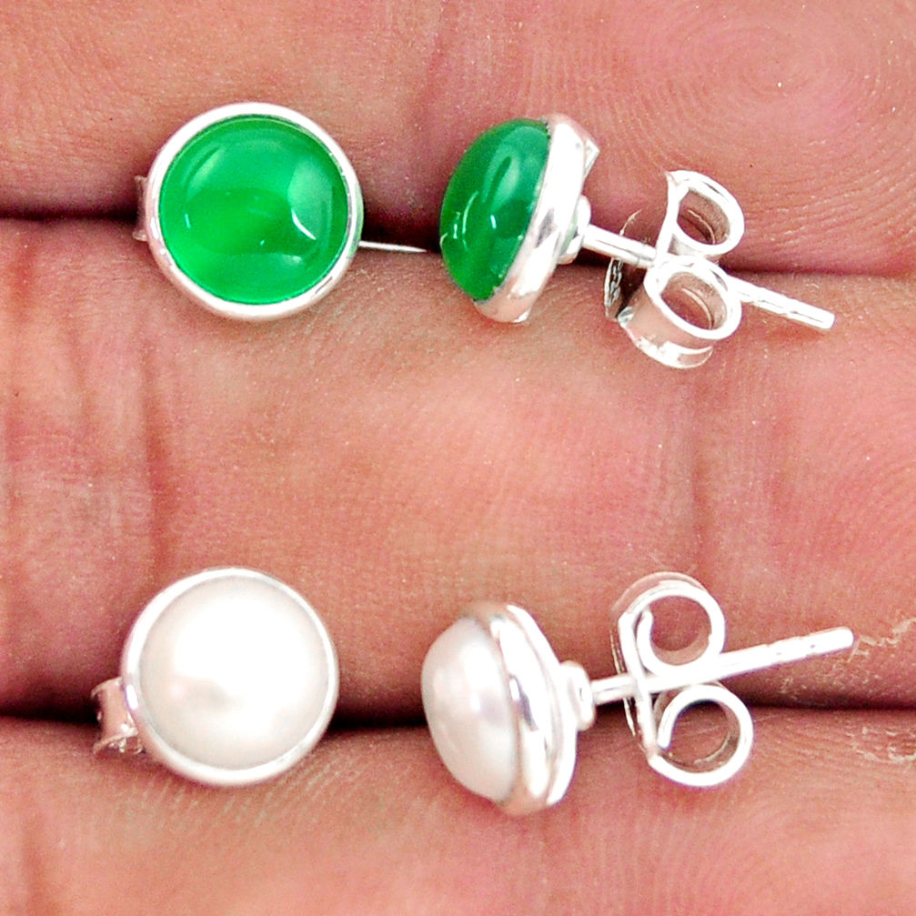 5.79cts natural green chalcedony pearl 925 sterling silver stud earrings r41257