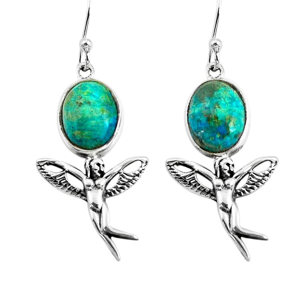 8.05cts natural green chrysocolla 925 silver angel wings fairy earrings p60851