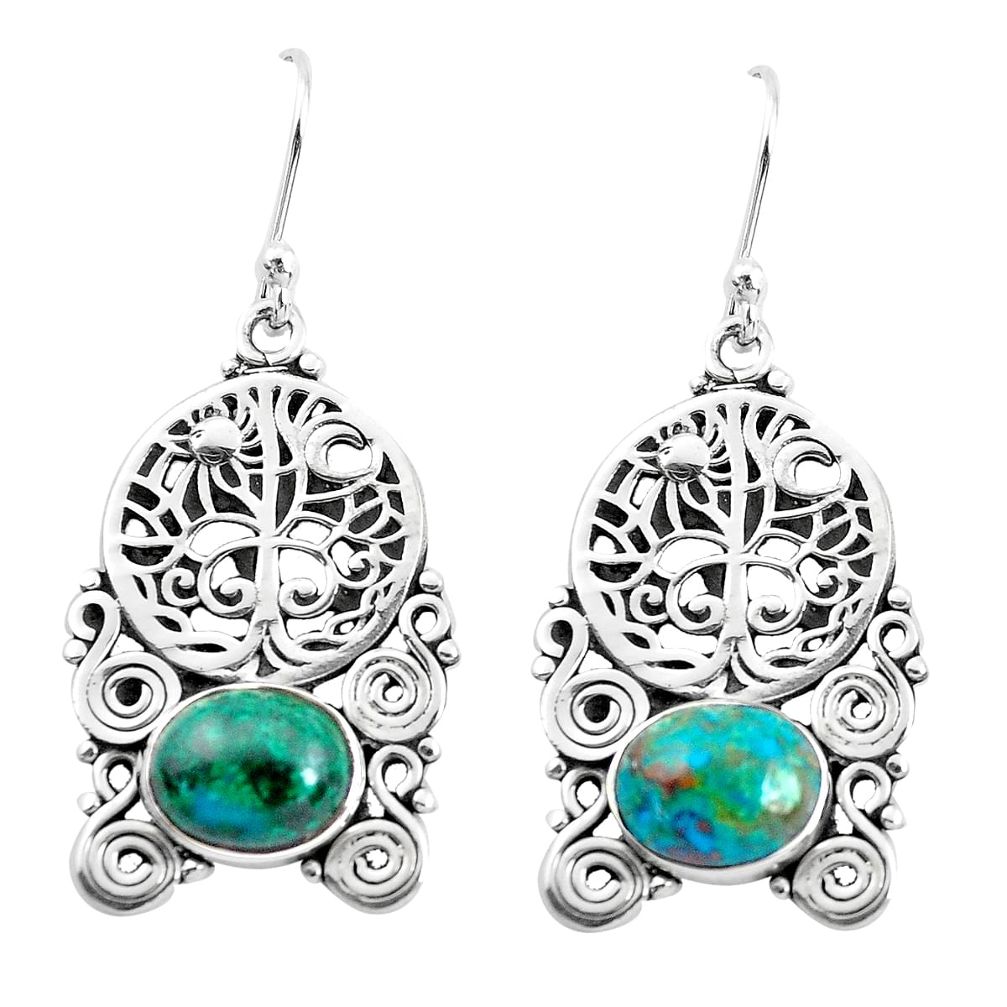 8.96cts natural green chrysocolla 925 silver tree of life earrings p52246