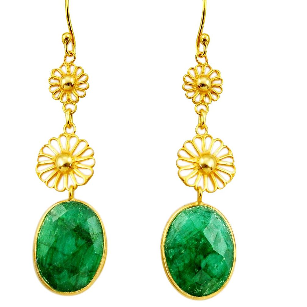 17.65cts natural green emerald 925 silver 14k gold dangle earrings r38729