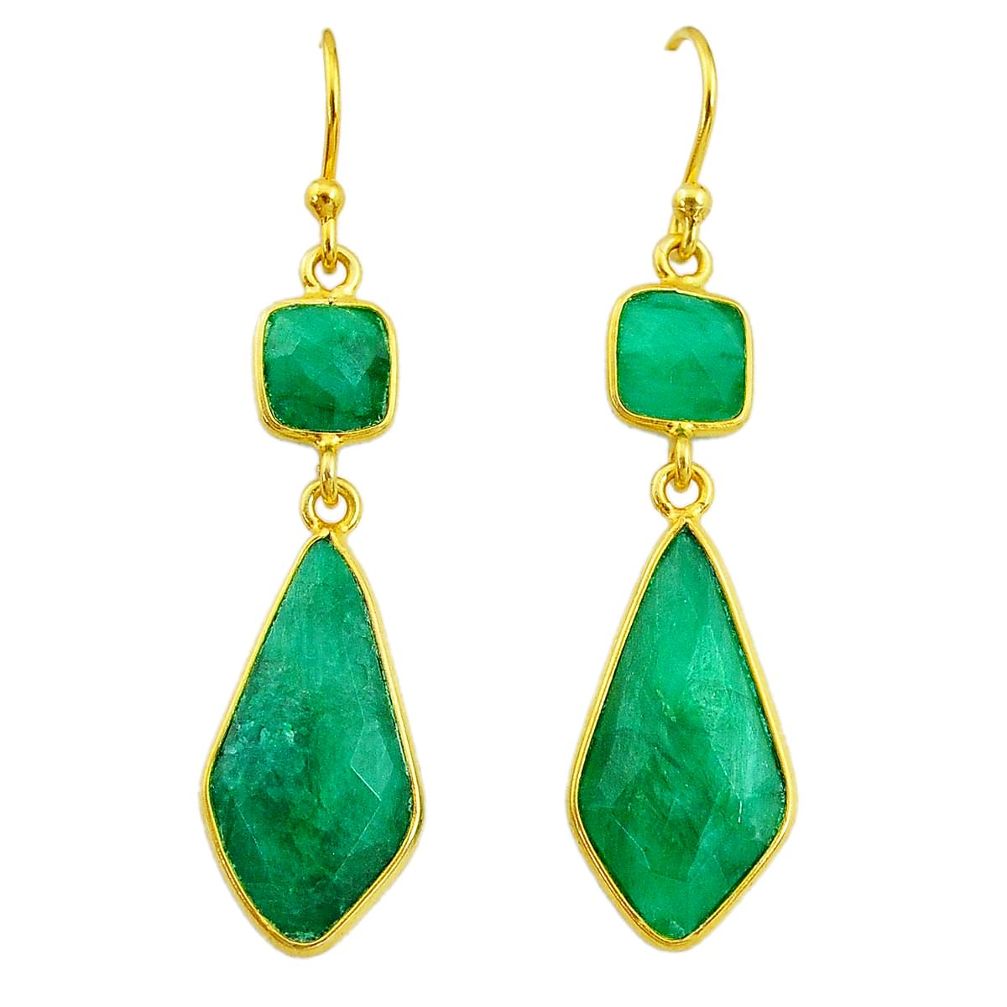 13.69cts natural green emerald 14k gold handmade dangle earrings t11657