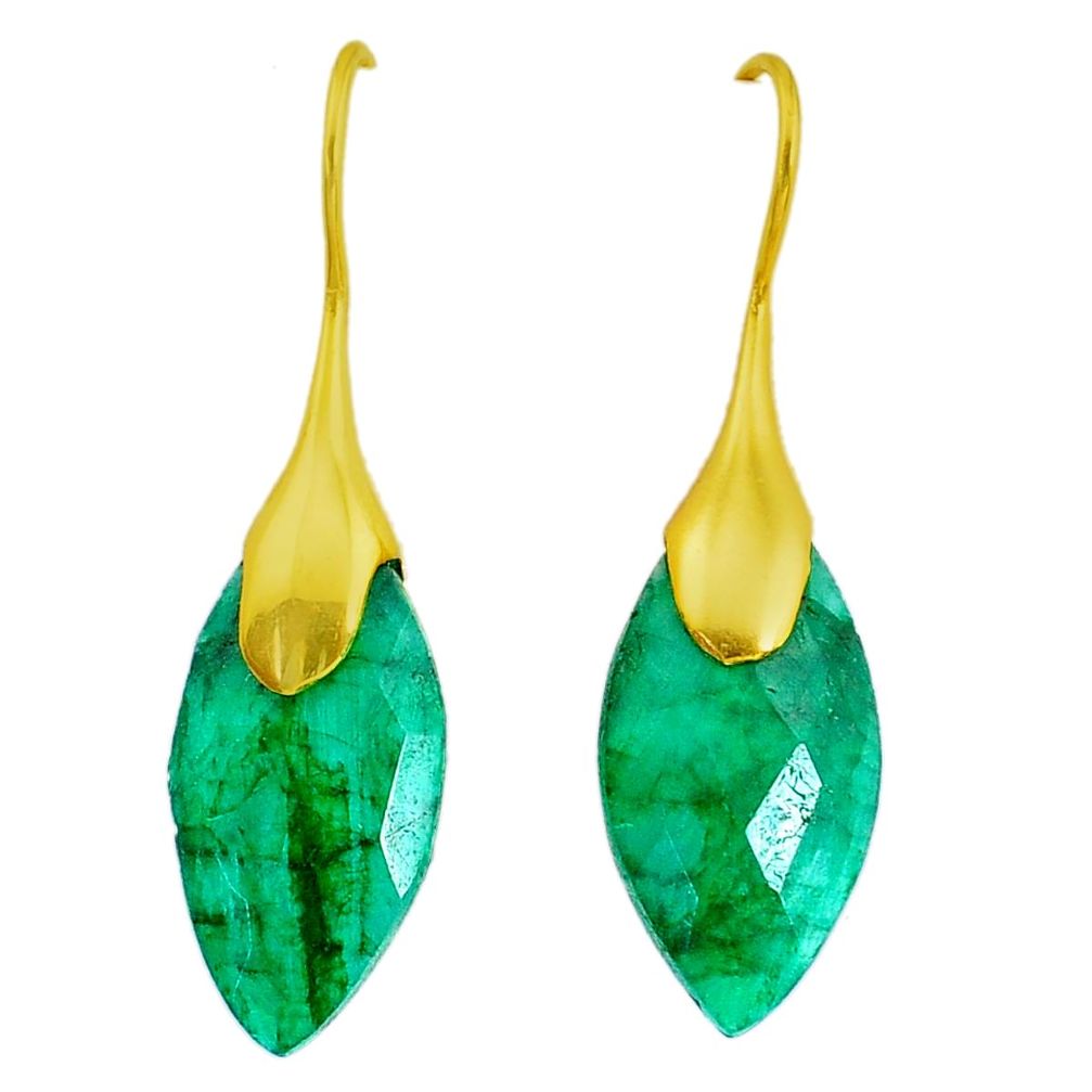 16.49cts natural green emerald handmade14k gold dangle earrings t16419