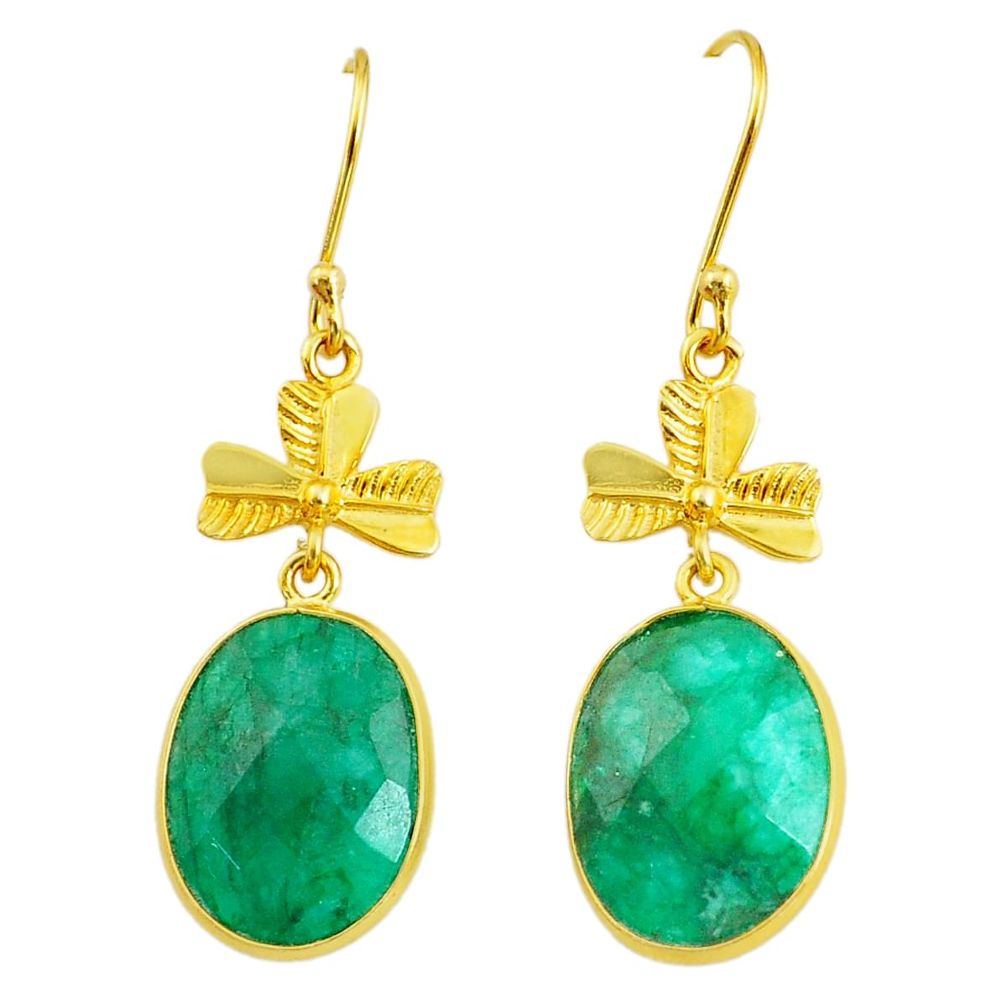 16.41cts natural green emerald handmade14k gold dangle earrings t16460