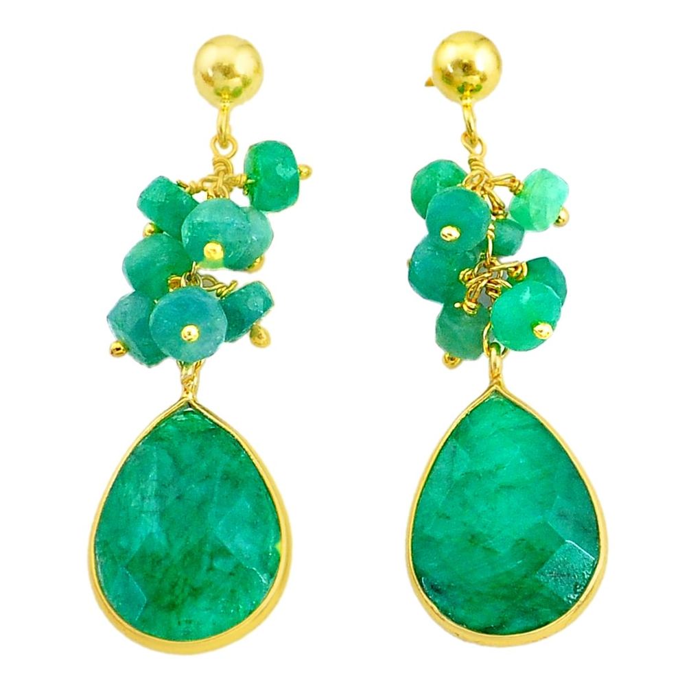 21.69cts natural green emerald handmade14k gold dangle earrings t16596