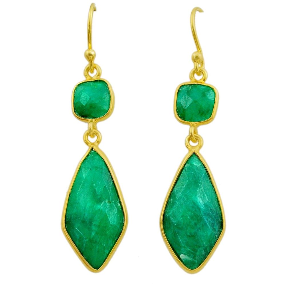13.13cts natural green emerald 925 silver 14k gold dangle earrings t44202