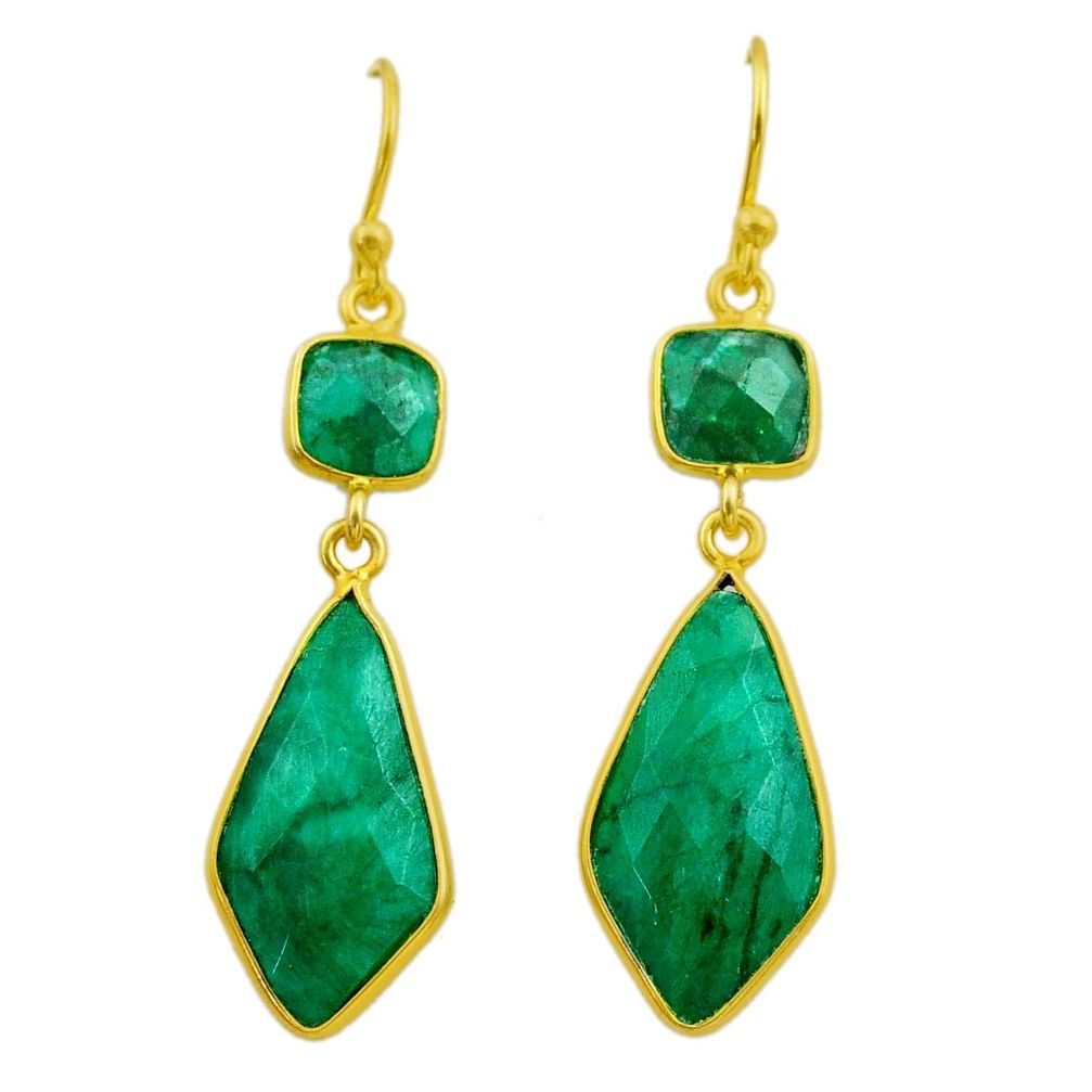 12.94cts natural green emerald 925 silver 14k gold dangle earrings t44229