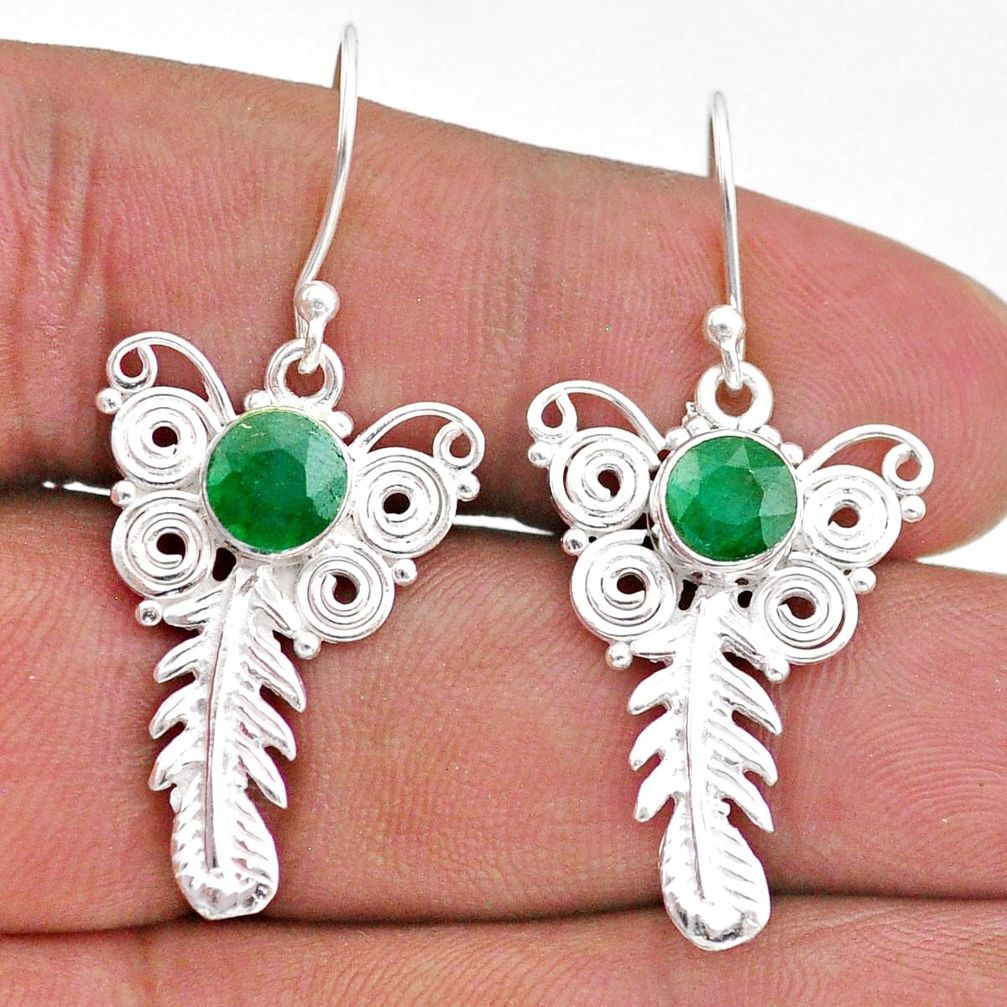 2.55cts natural green emerald 925 sterling silver feather charm earrings t47059