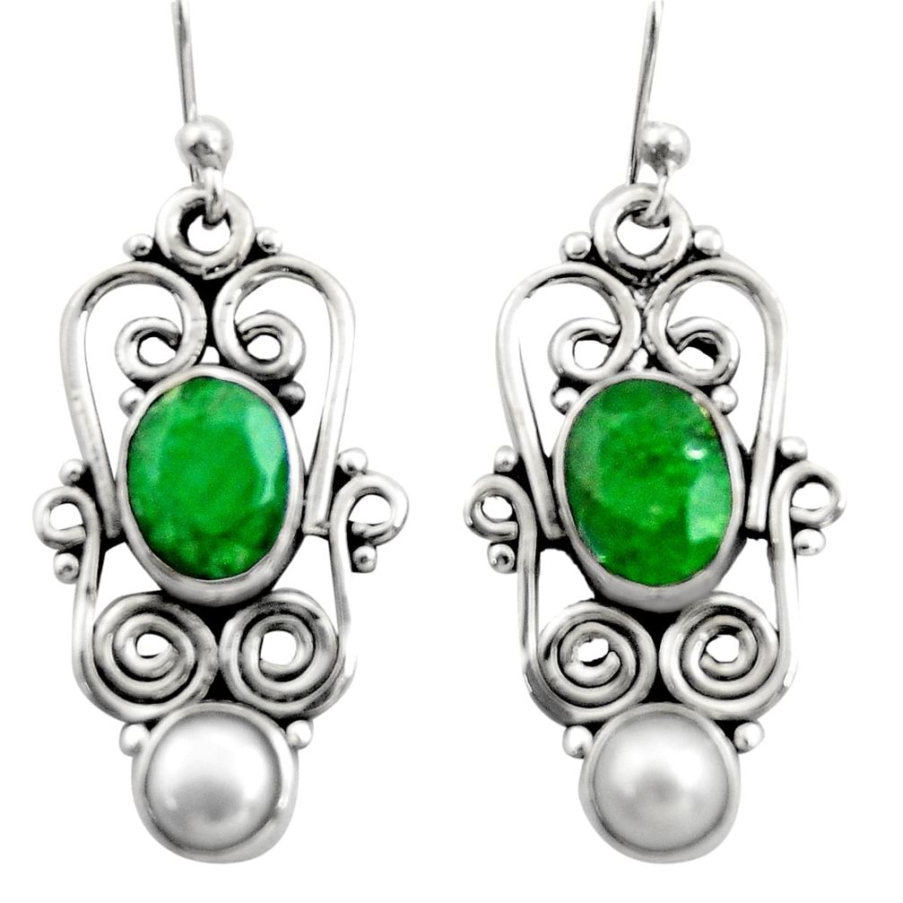 5.31cts natural green emerald pearl 925 sterling silver dangle earrings r21693