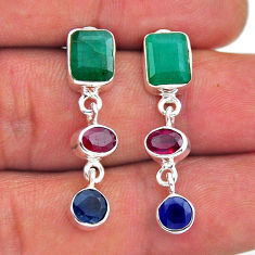 7.77cts natural green emerald sapphire ruby 925 silver dangle earrings n49482