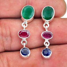 5.95cts natural green emerald sapphire ruby 925 silver dangle earrings n49504