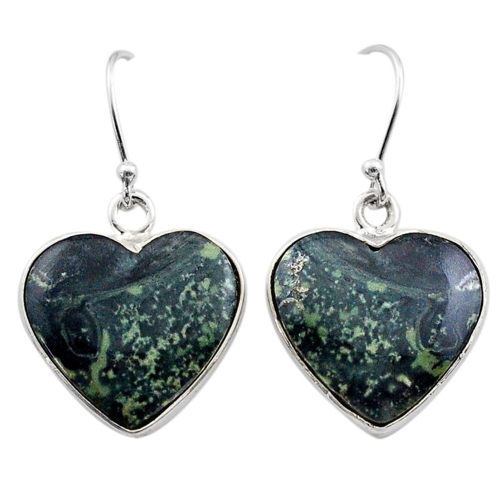 14.47cts natural green kambaba jasper heart 925 silver dangle earrings t60849